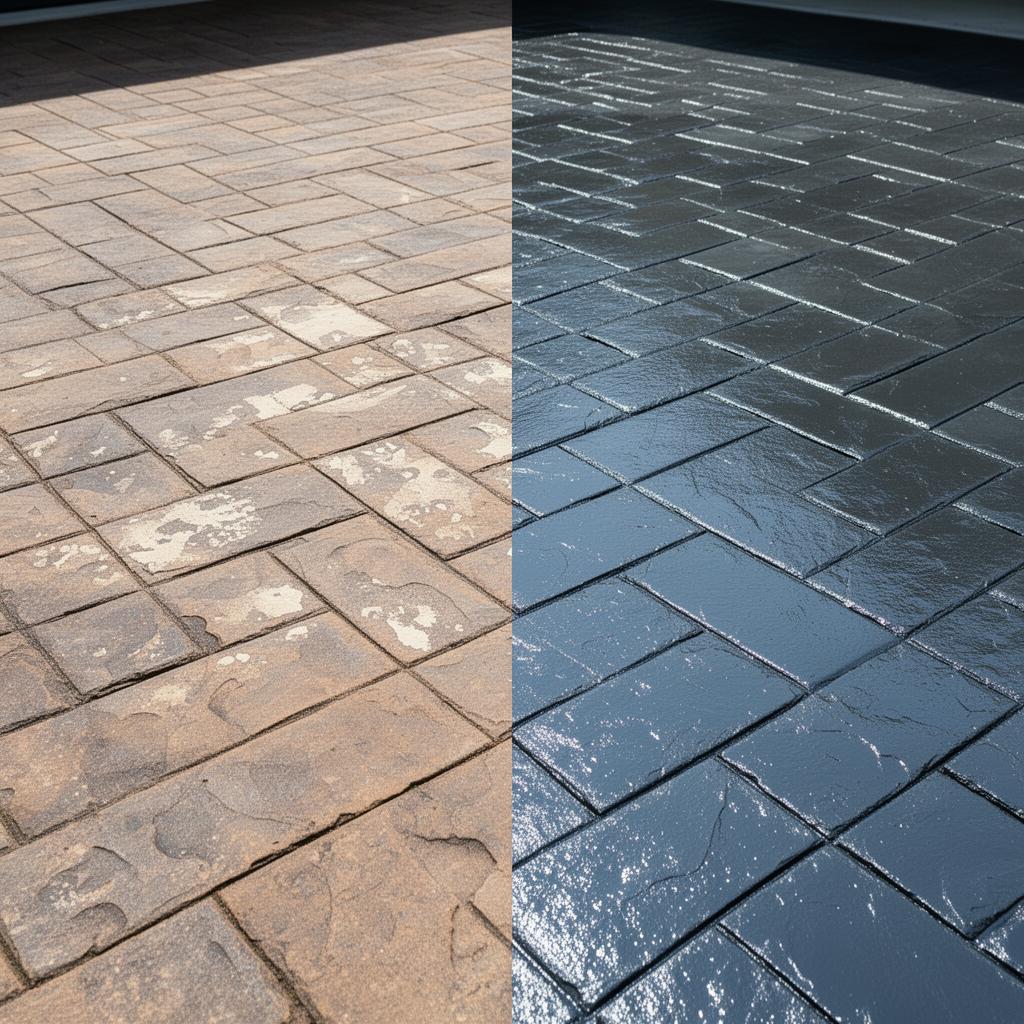 Before and after comparison of a faded versus freshly resealed pattern imprinted driveway