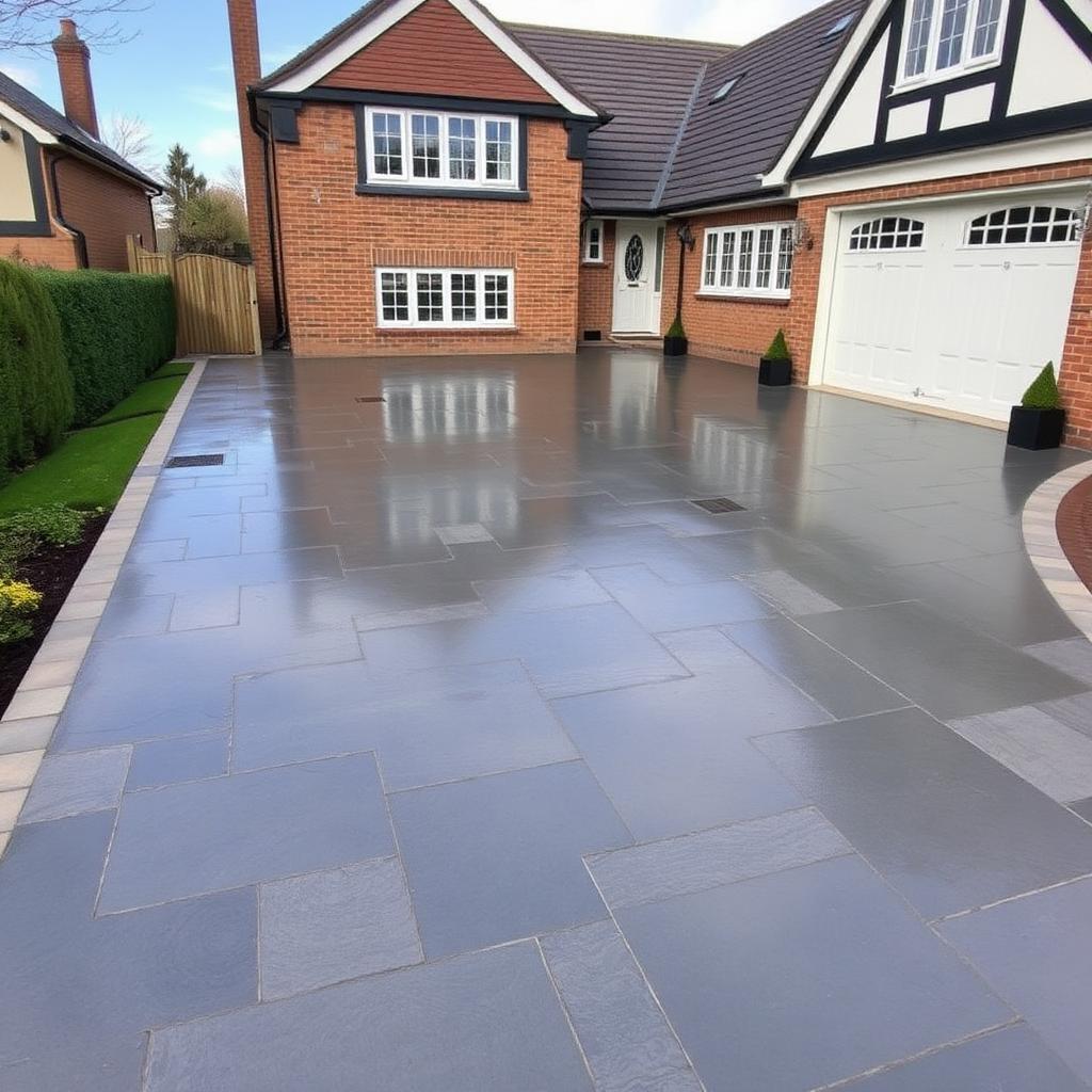 Completed pattern imprinted concrete driveway resealing project
