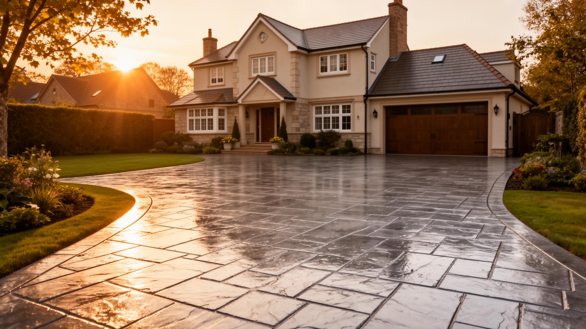 Freshly sealed pattern imprinted concrete driveway with a glossy finish in front of a North West England home