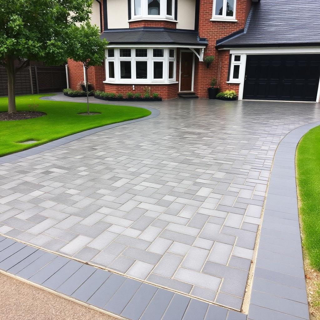 Completed pattern imprinted concrete driveway resealing project