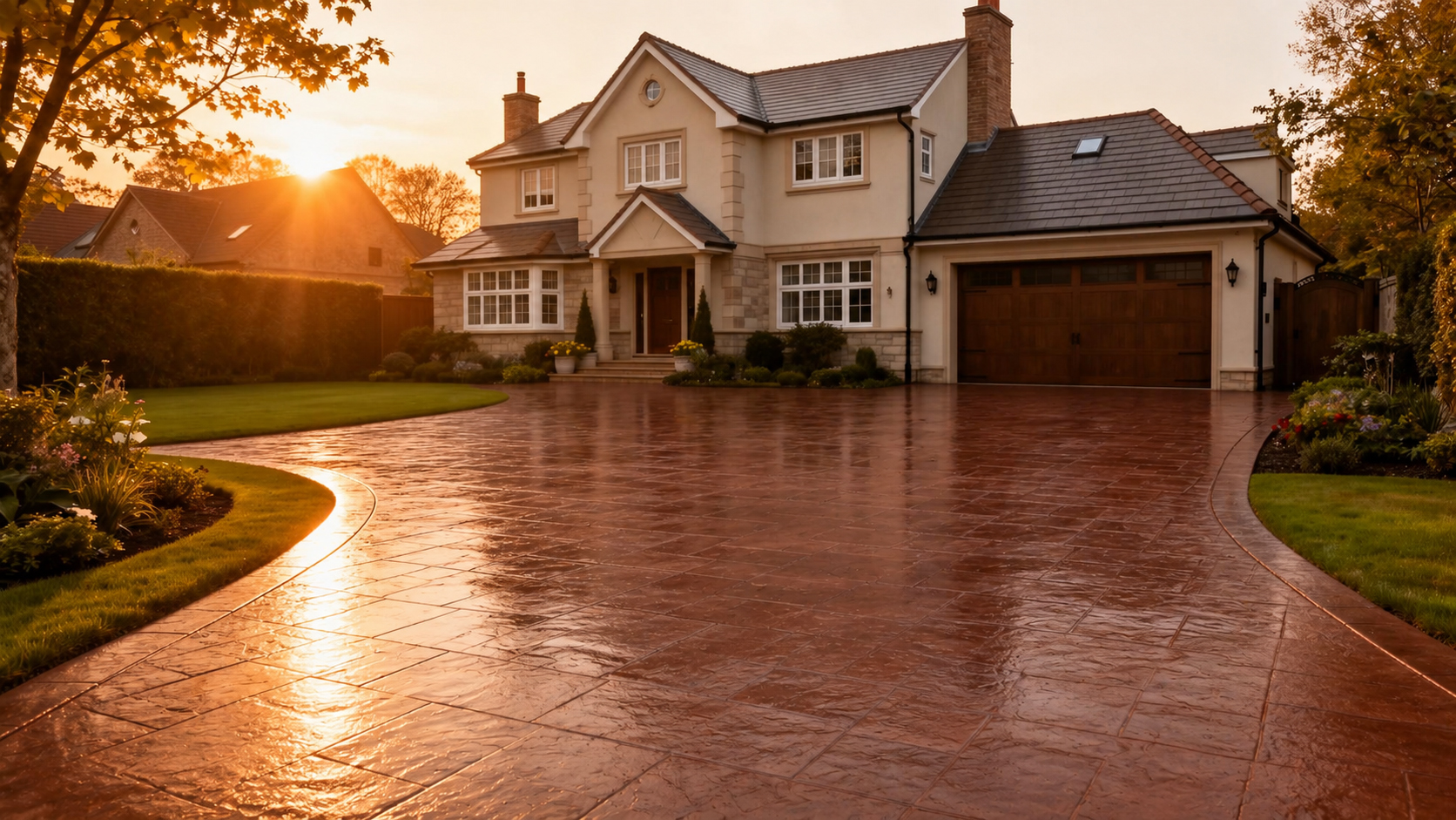 Freshly sealed pattern imprinted concrete driveway with a glossy finish in front of a North West England home